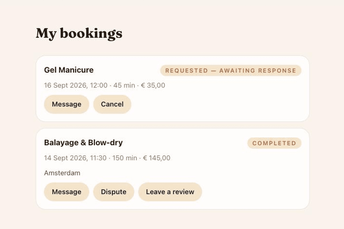 Screenshot of a customer's Glowmi bookings list, showing a requested booking awaiting the professional's response.