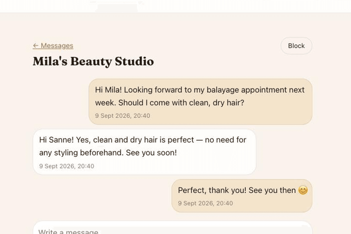 Screenshot of a Glowmi conversation between a customer and a professional.