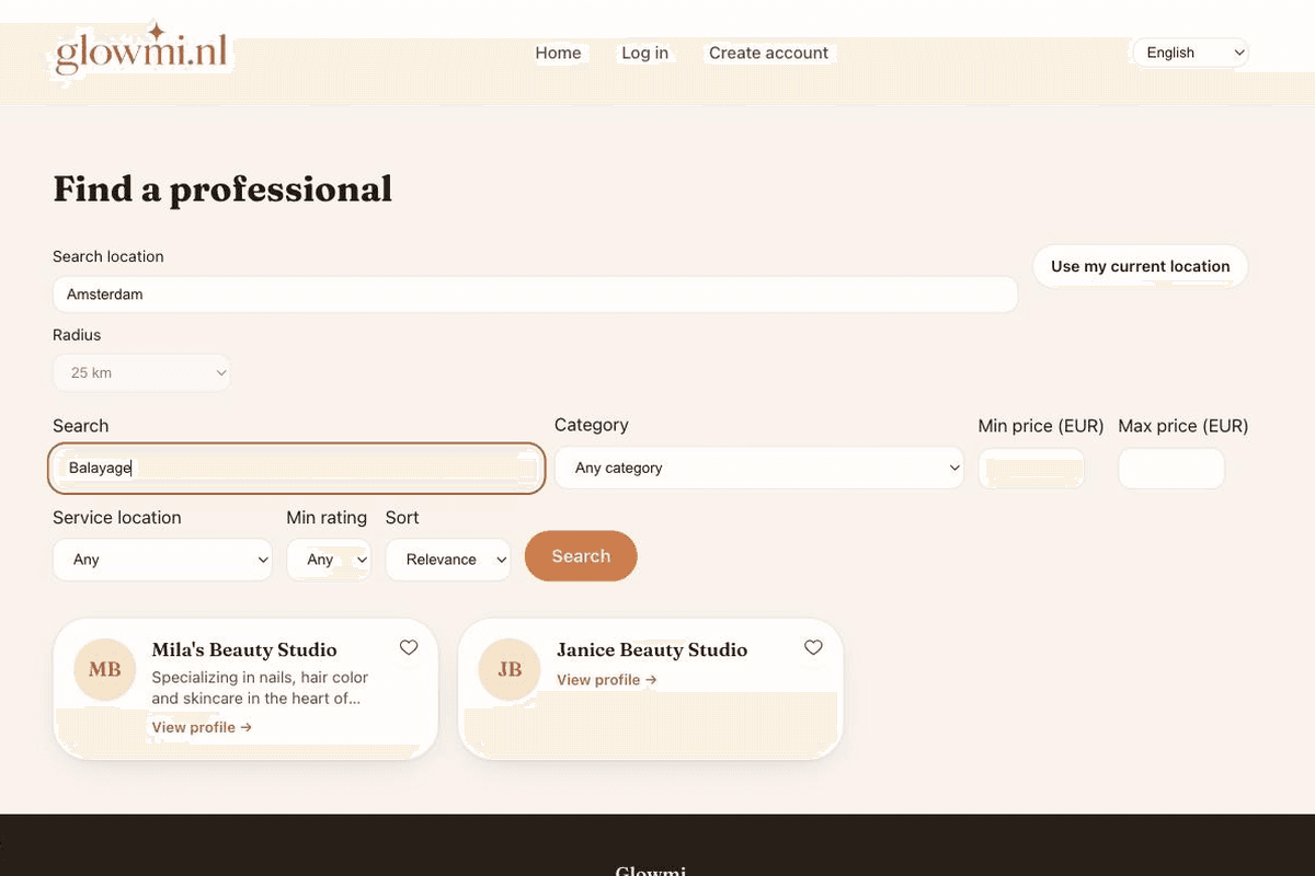 Screenshot of the Glowmi search page, showing search, category and location filters with matching professionals.