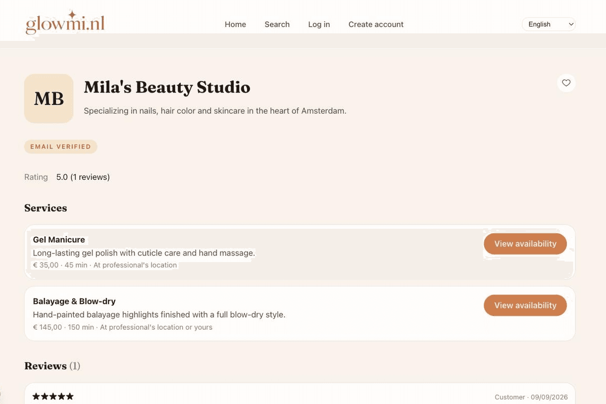 Screenshot of a professional's Glowmi profile showing their services with pricing, duration and location.